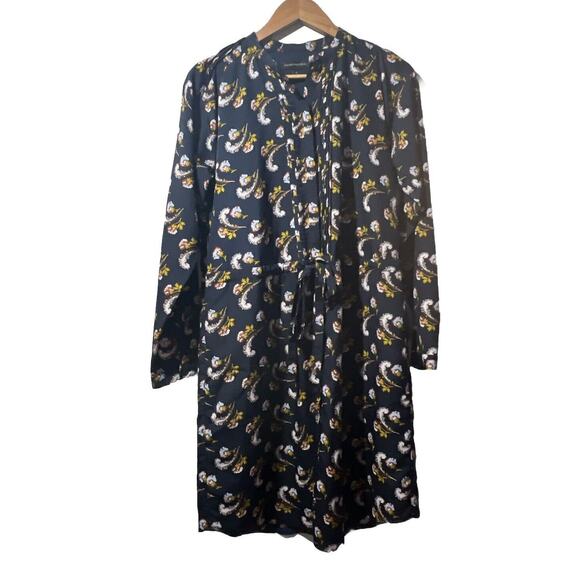 BANANA REPUBLIC Small Navy Long Sleeve Pleated Mandarin Dress Waist Pockets - Picture 1 of 16